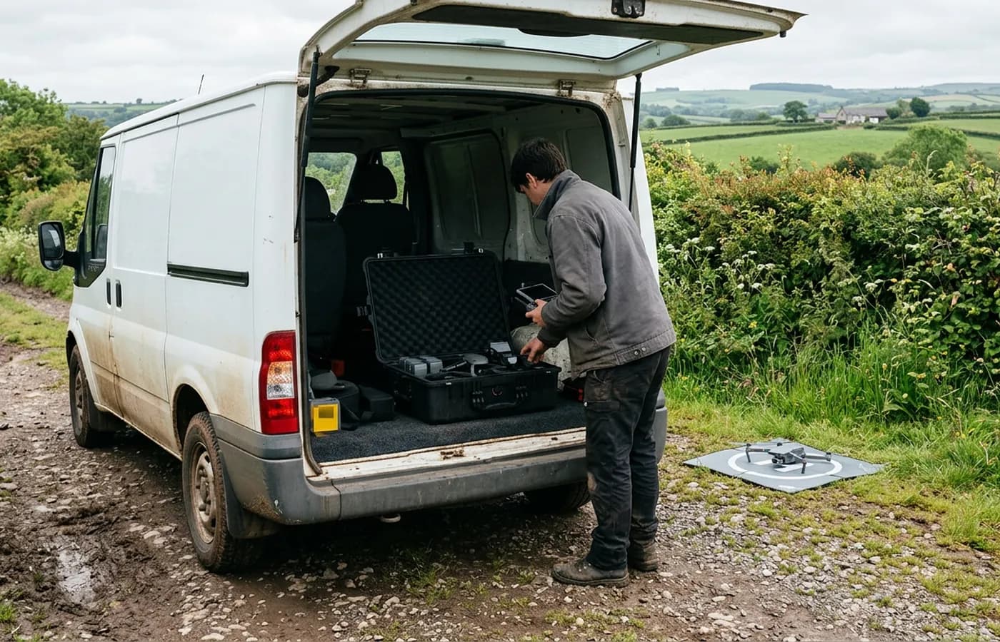 A drone pilot at the open tailgate of a van on a Devon farm track, checking an equipment case with the aircraft on a landing mat beside him