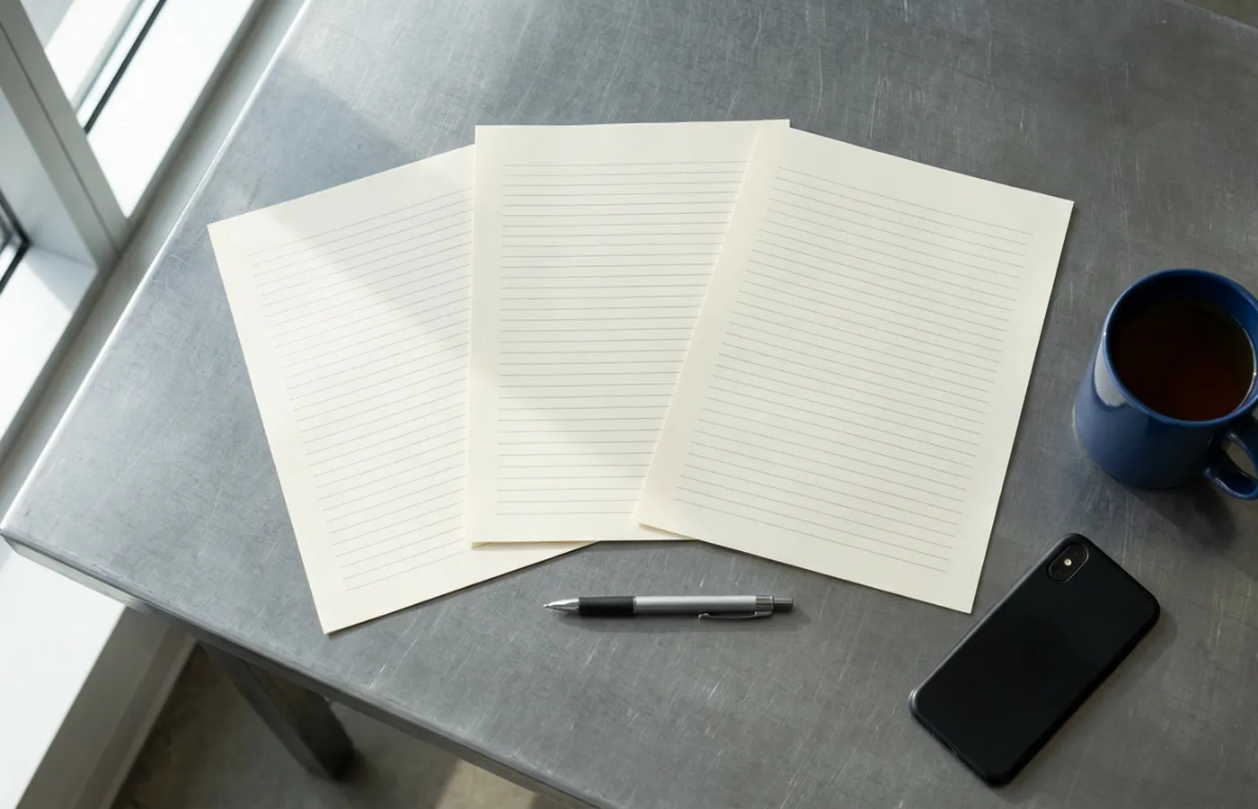 Three unmarked printed quotes fanned out on a desk with a pen, a mug and a phone, photographed from above