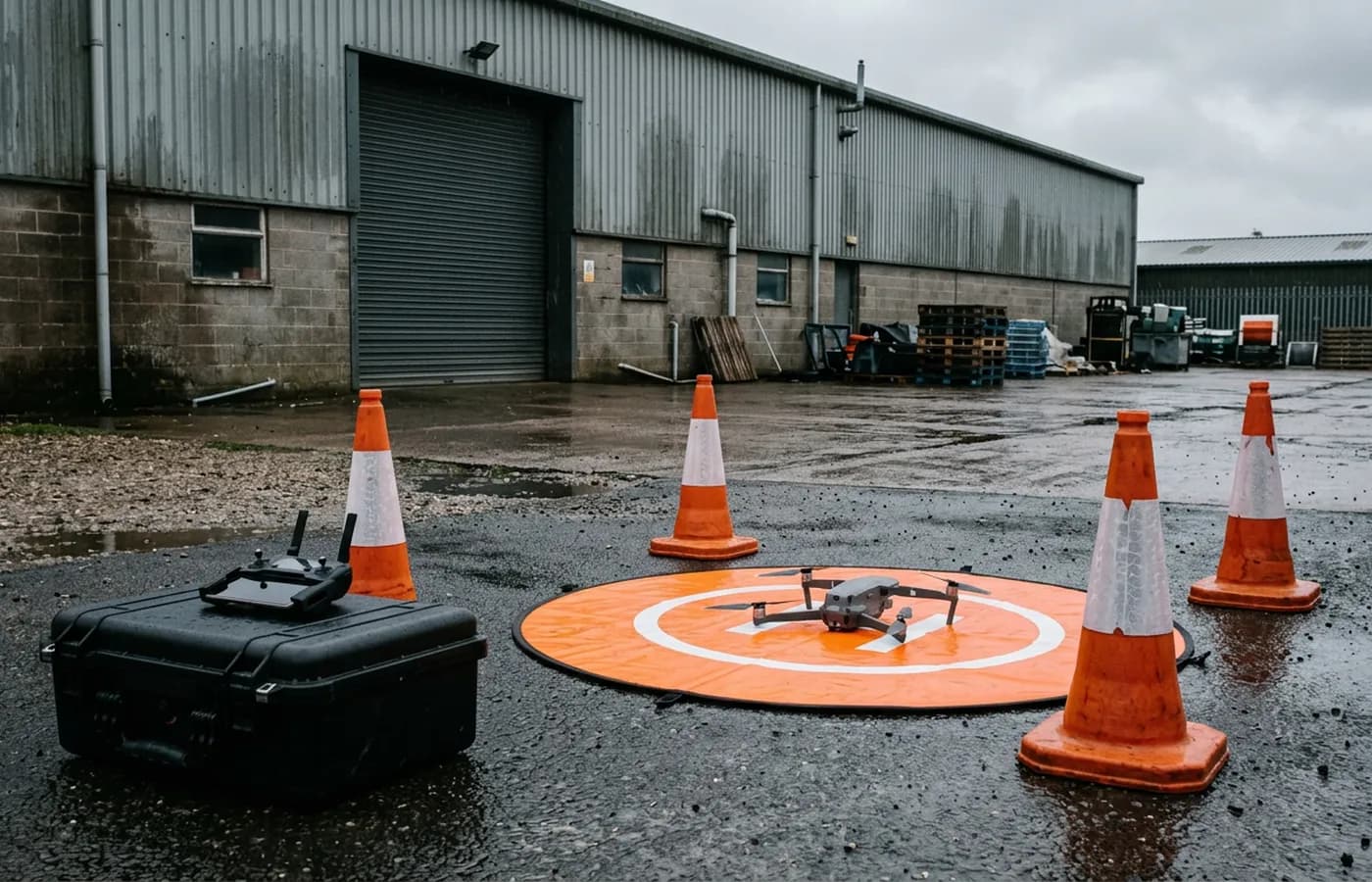 A drone take off area set up on a commercial yard, landing mat coned off on wet tarmac with the aircraft ready and the controller on a flight case