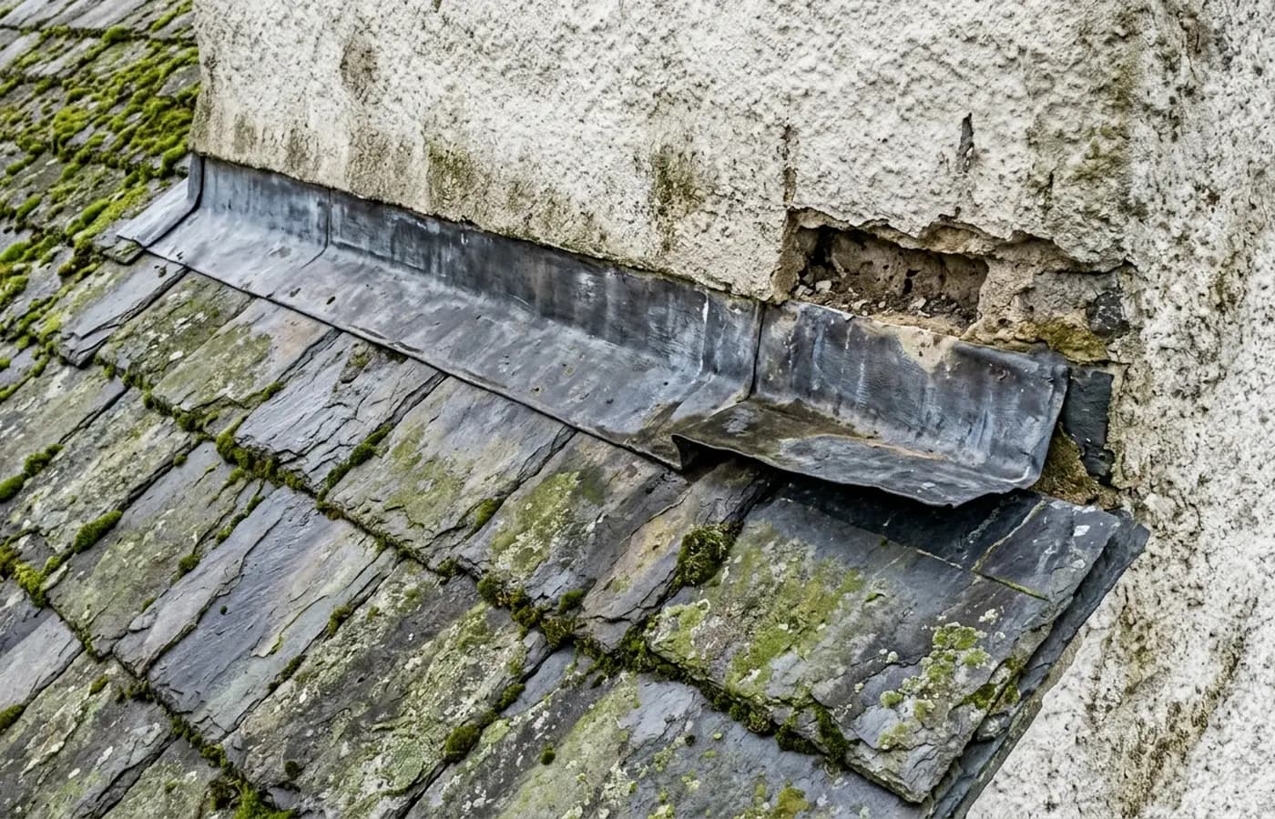 Close aerial detail of lead flashing lifting away from a rendered wall above a slate roof, with an open mortar joint above it