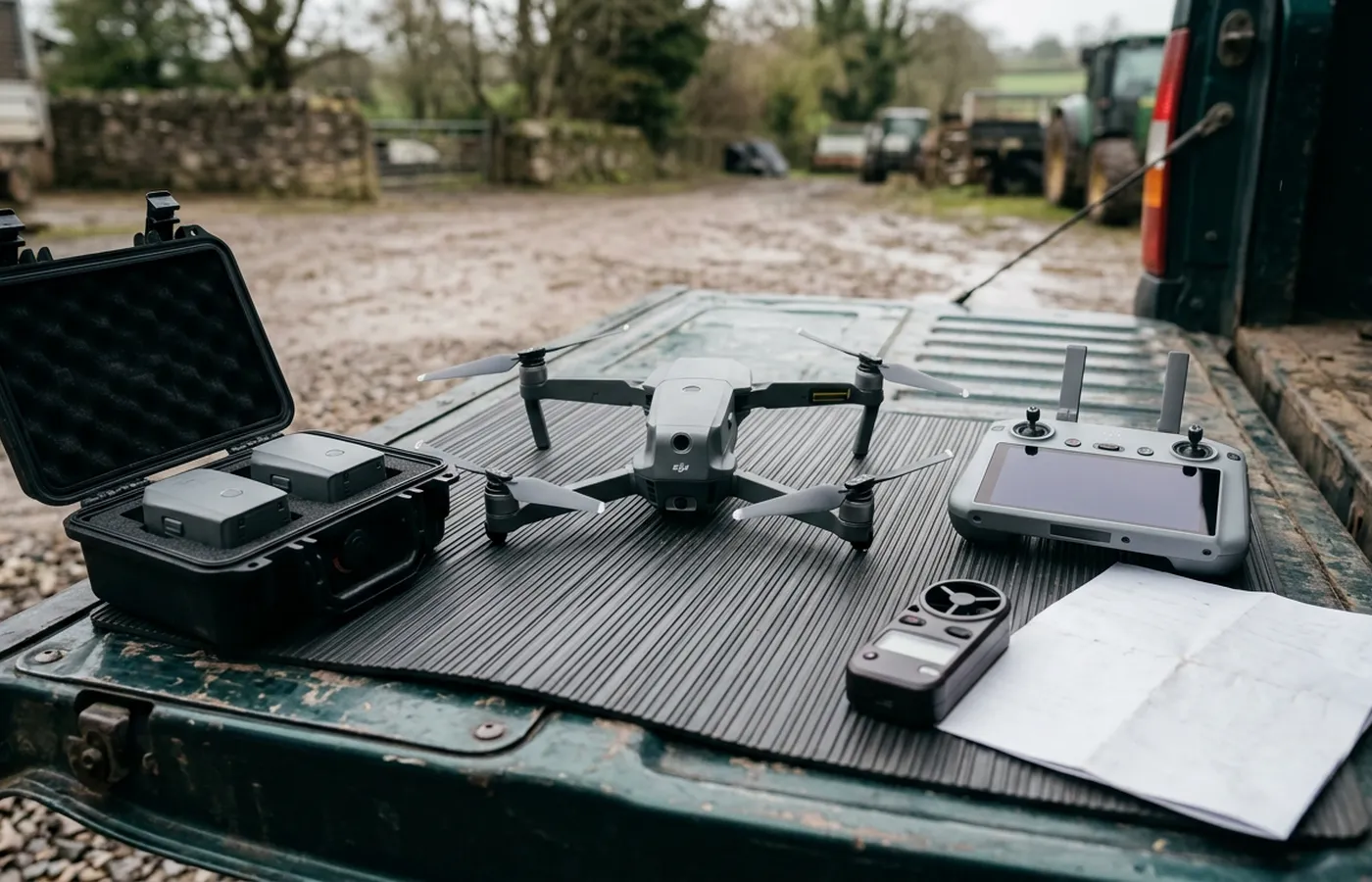 A drone pre-flight setup laid out on a van tailgate: the aircraft on a landing mat, a controller, spare batteries and a wind meter