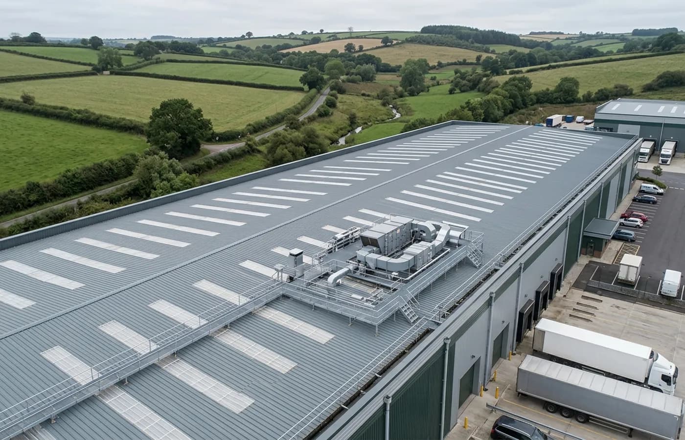 An industrial unit in Devon photographed from the air at an angle, showing the profiled metal roof, rooflights, parapet gutter and roof mounted plant